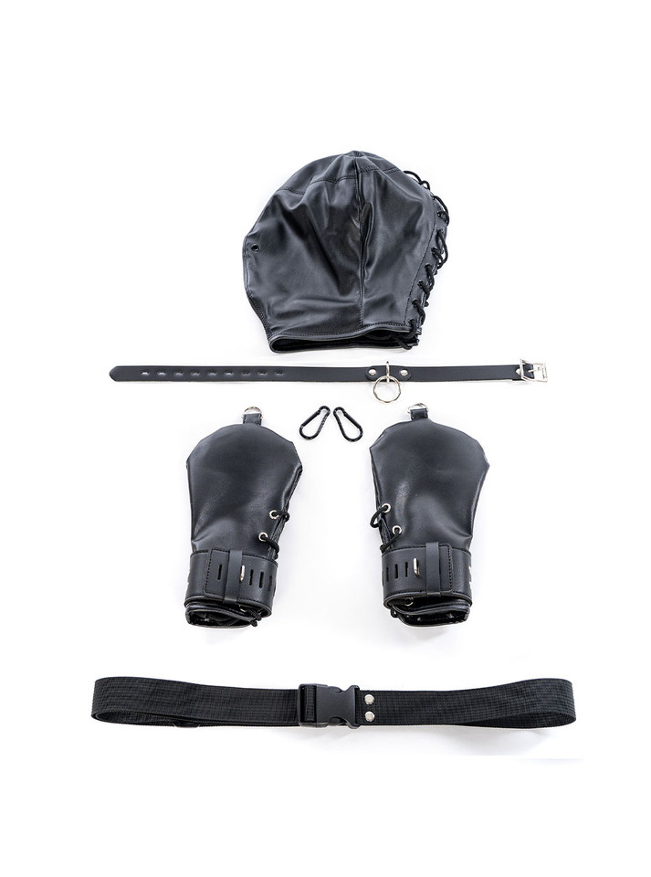 Complete Total Submission Hood & Mittens Restraint Set laid out, including the hood, padded mittens, collar, and connector strap.