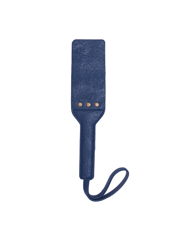 Navy blue double-layer leather paddle with textured finish, laying flat.