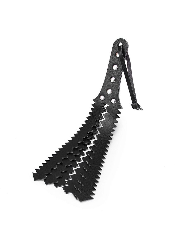 Zigzag flogger in black PU leather, showcasing its sharp, striking design.