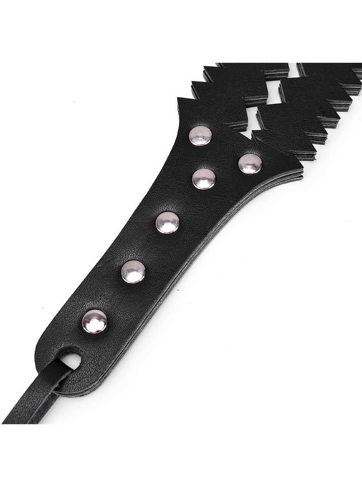 Black PU leather handle with secure rivet reinforcement and wrist strap.
