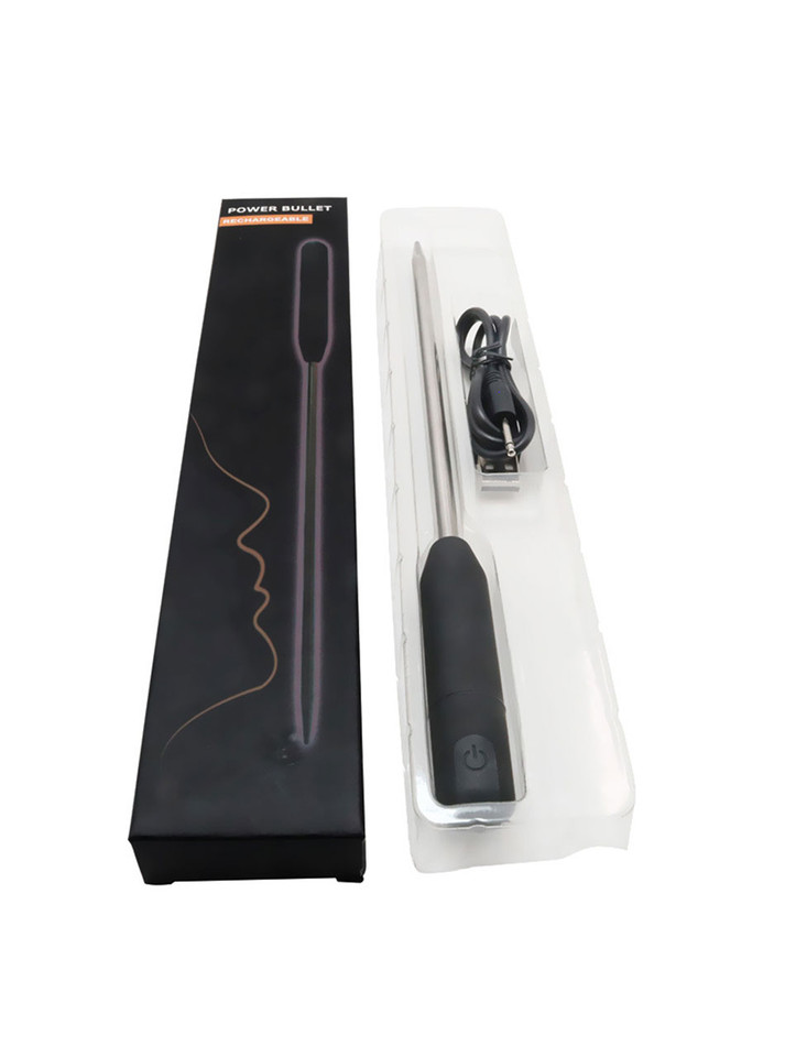 Stainless steel urethral sound packaged with USB charging accessories.