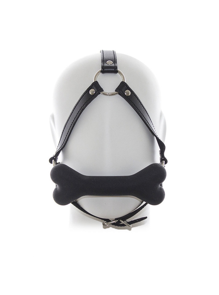 Front view of the Bone Gag with Head Harness, showcasing its sturdy construction.