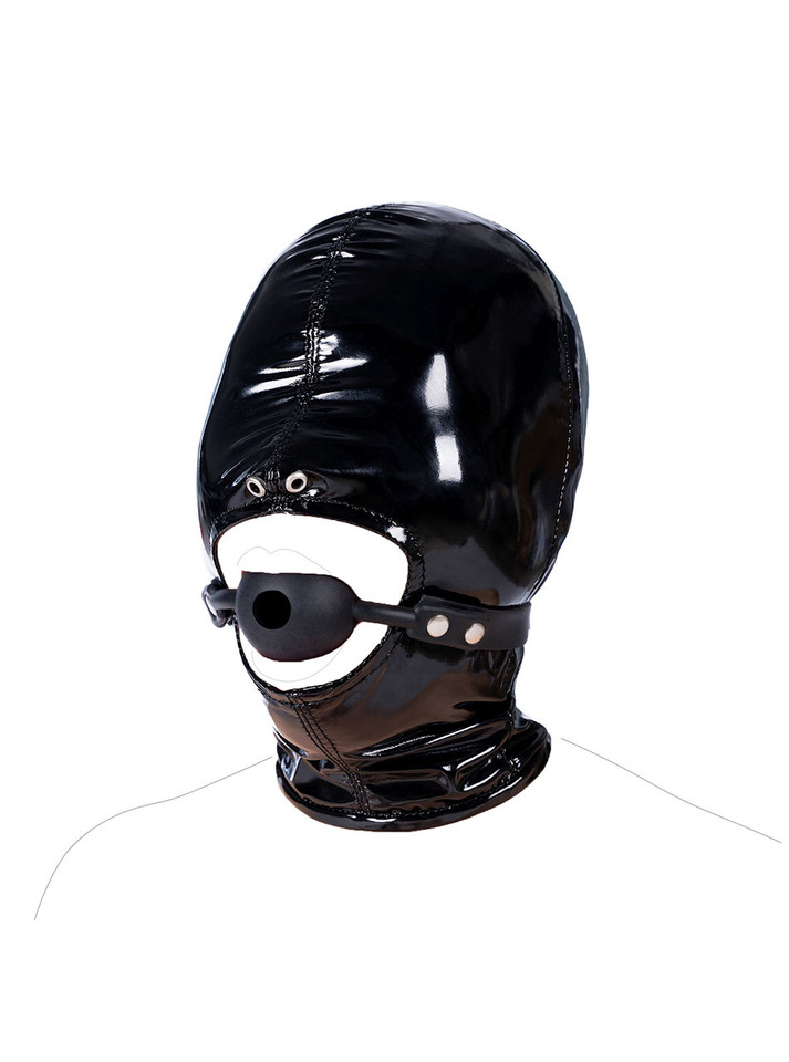 Black ball gag with leather head harness and center hole.