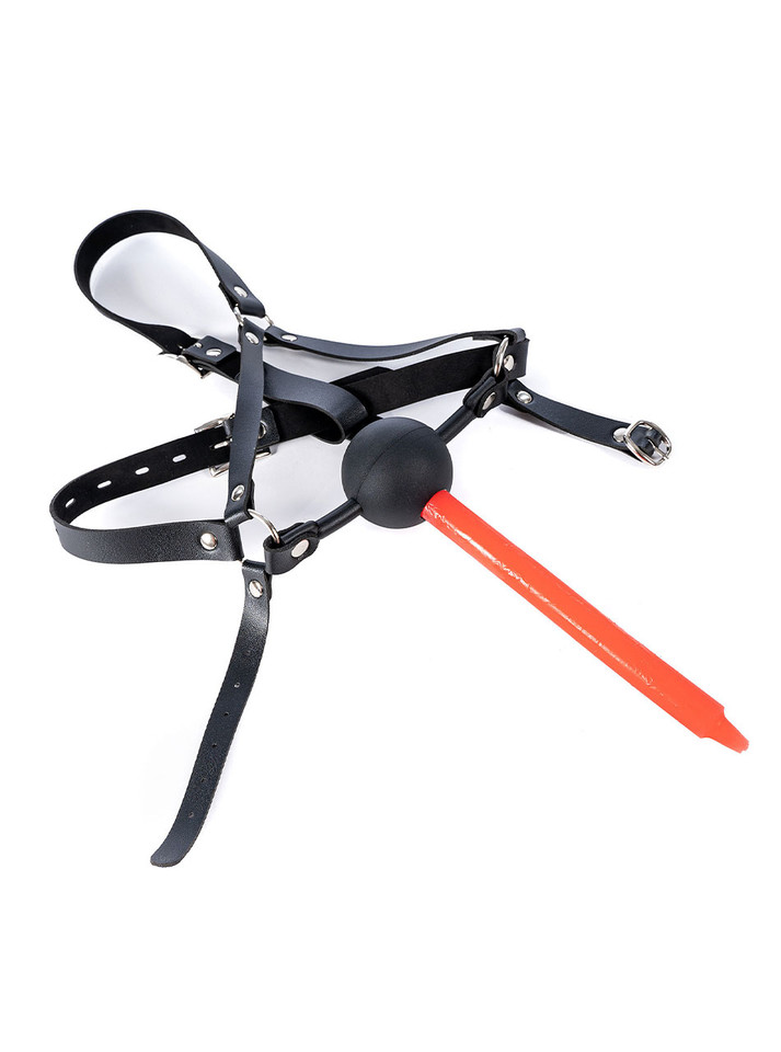 Black ball gag with leather head harness and center hole.