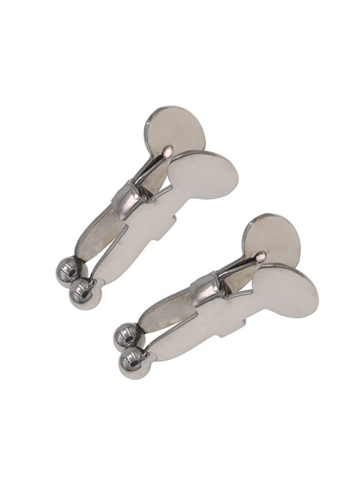 Pair of round-head e-stim nipple and penis clamps with adjustable screws and smooth metal tips.
