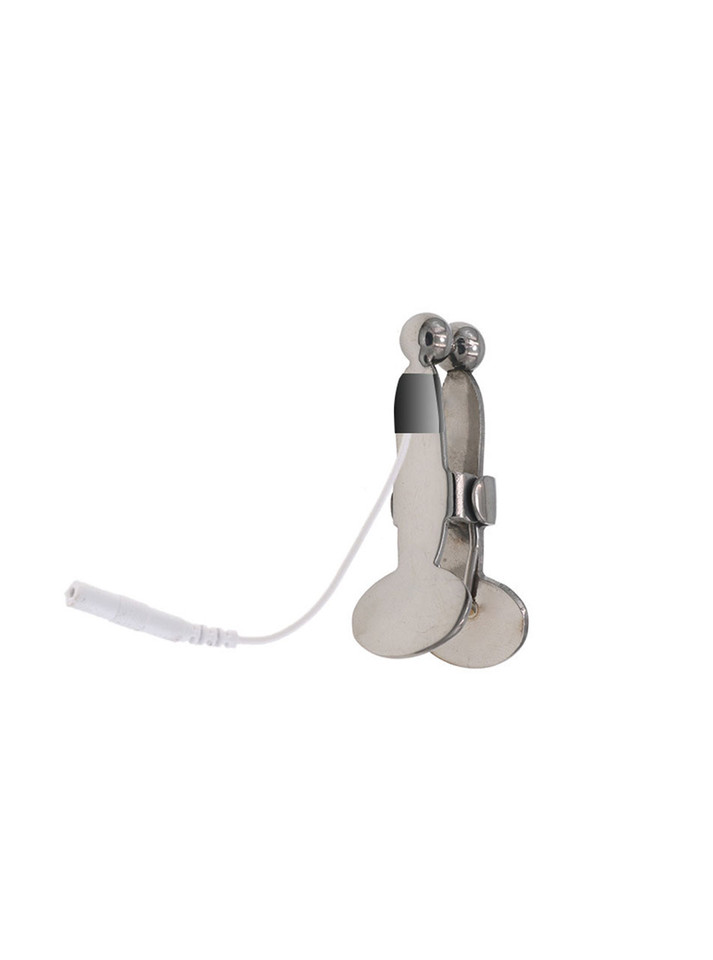 Round-head nipple clamps connected to a power cord, ideal for BDSM electro-play sessions.