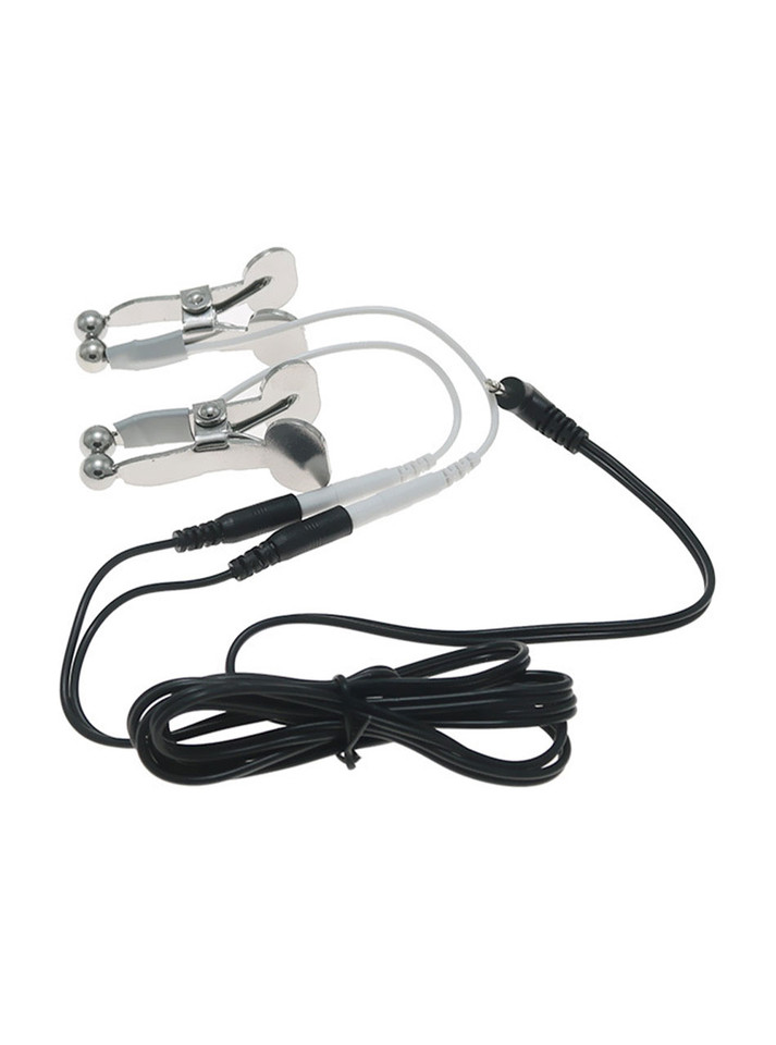 Pair of round-head nipple clamps connected to a power cord, ideal for BDSM electro-play sessions.