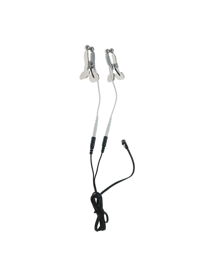 Pair of round-head nipple clamps connected to a power cord, ideal for BDSM electro-play sessions.