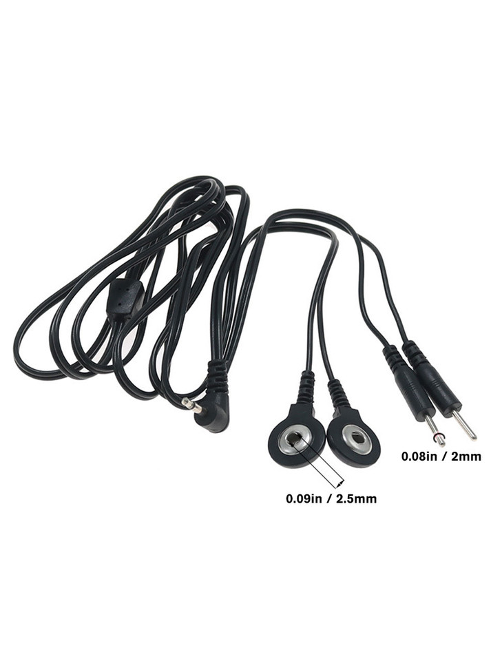 Close-up of the snap and pin connectors on the Dual Pin and Snap E-Stim Cable.