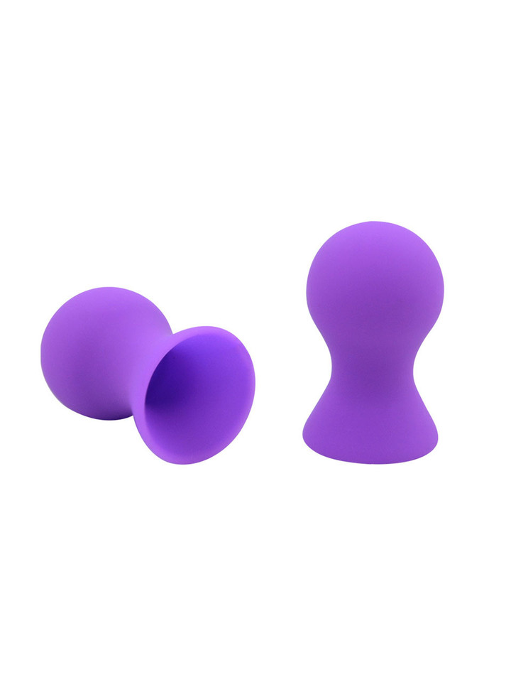 Purple silicone nipple and clit suction cups with a sleek, ergonomic design, displayed on a white background. Perfect for intimate stimulation and sensual teasing.