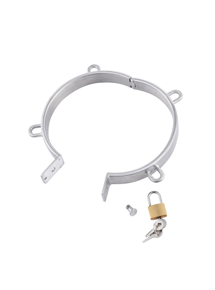 Stainless steel locking four-loop collar with padlock, displayed open.