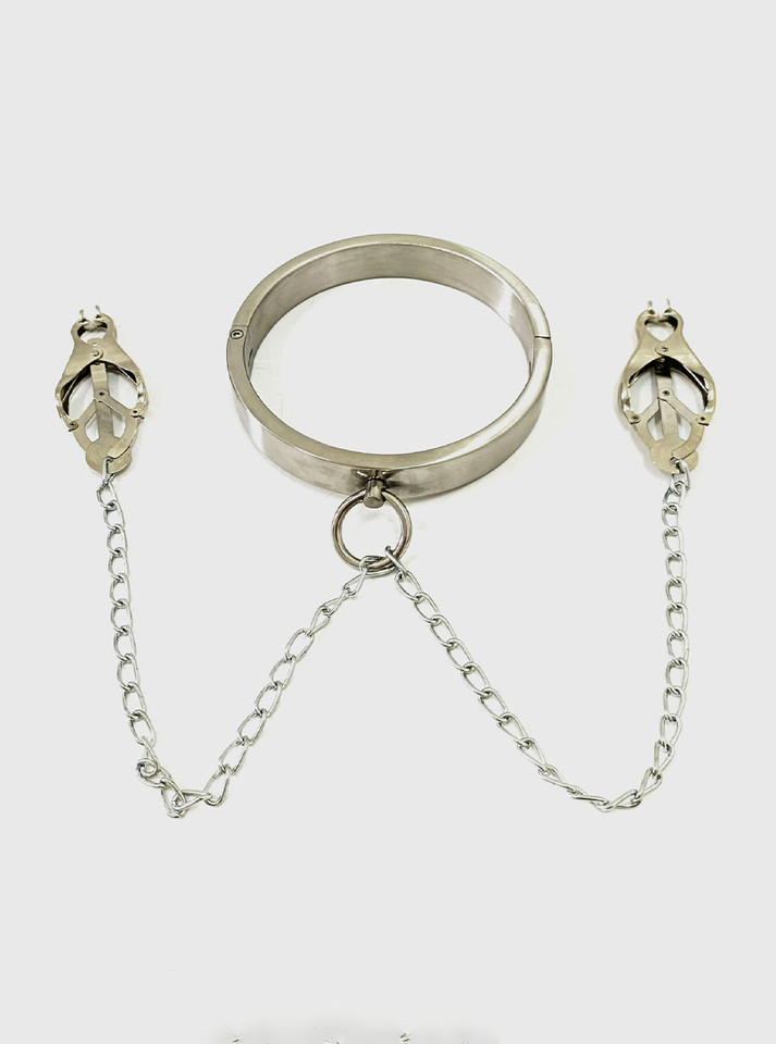 Stainless steel slave collar with attached chains and nipple clamps displayed flat.