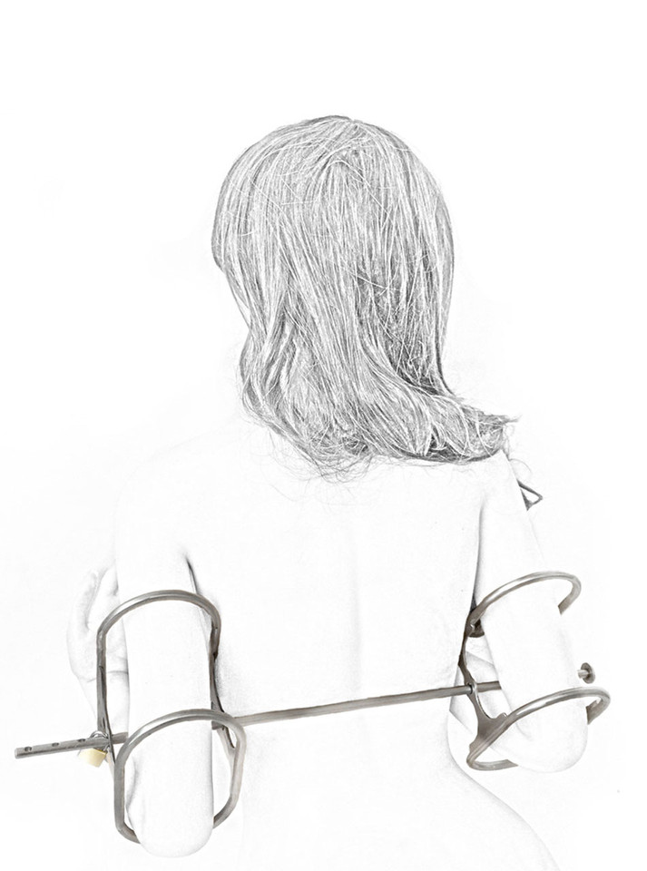 Elbow restraint bar with ergonomic design and adjustable crossbar.