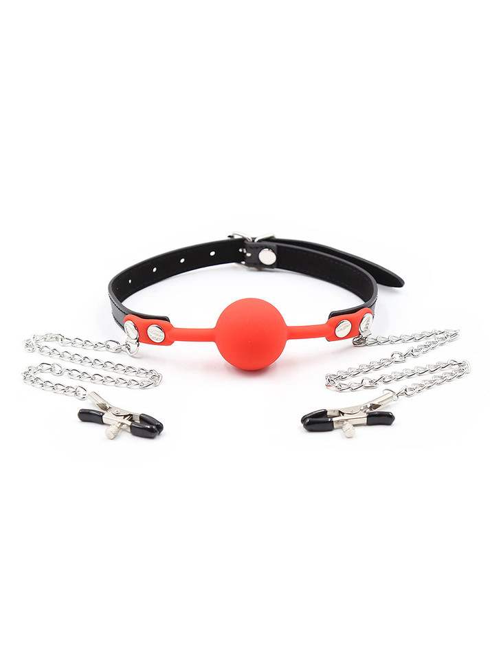 Adjustable nipple clamps with metal chains attached.