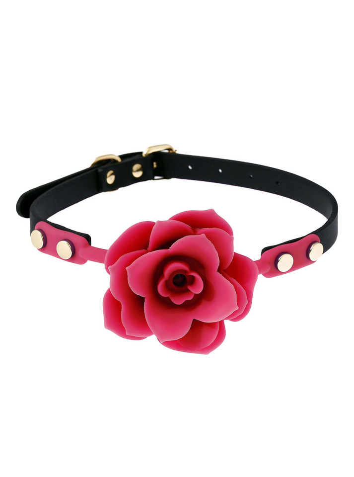 Pink silicone rose gag with an adjustable leather strap and gold hardware.