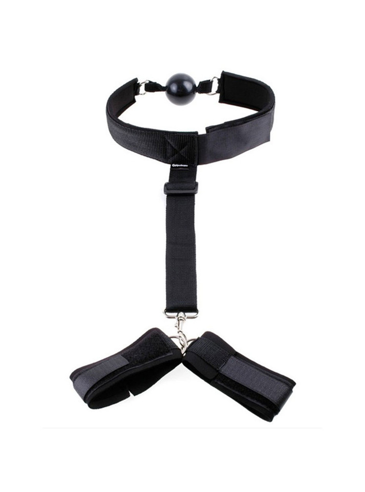 Full view of the black behind-the-back neck-to-wrist restraint with ball gag.