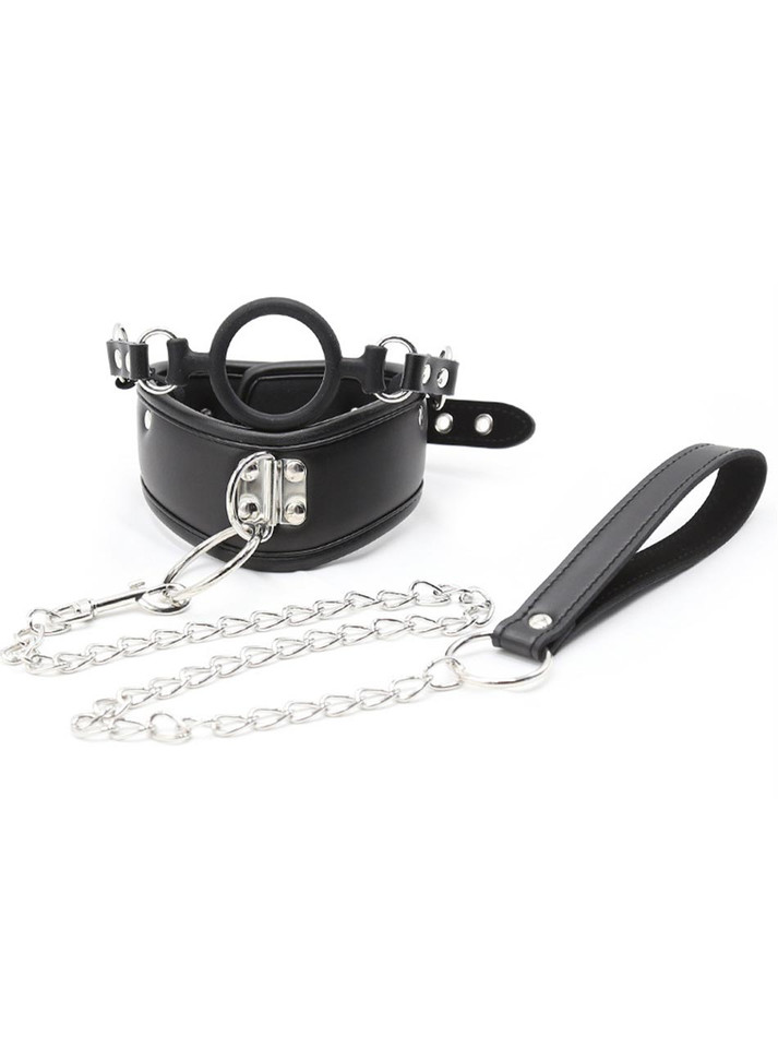 Black padded collar with O-ring gag and detachable leash.