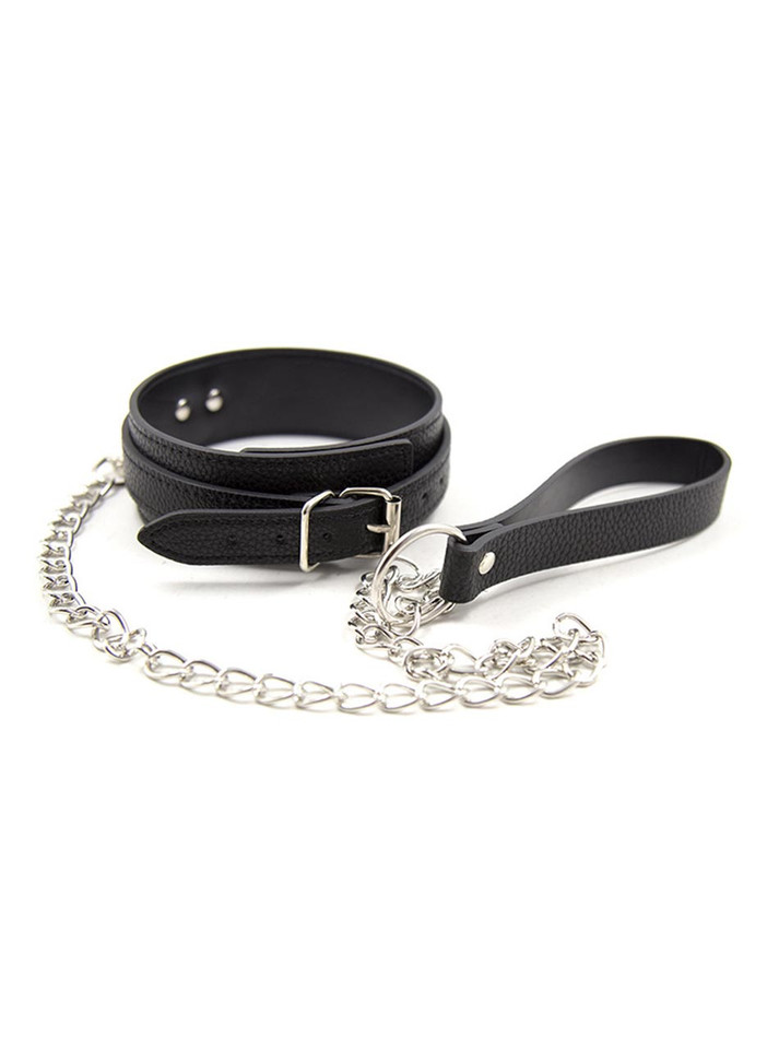 Black textured leather collar with silver chain leash