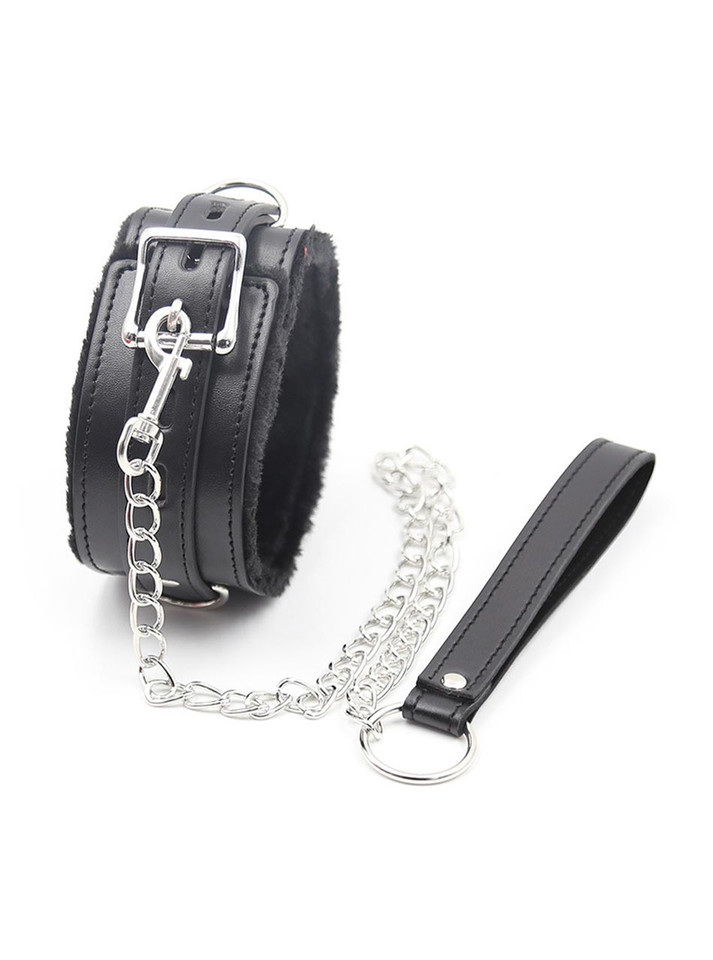 Black faux fur-lined BDSM collar with adjustable buckle and metal leash.