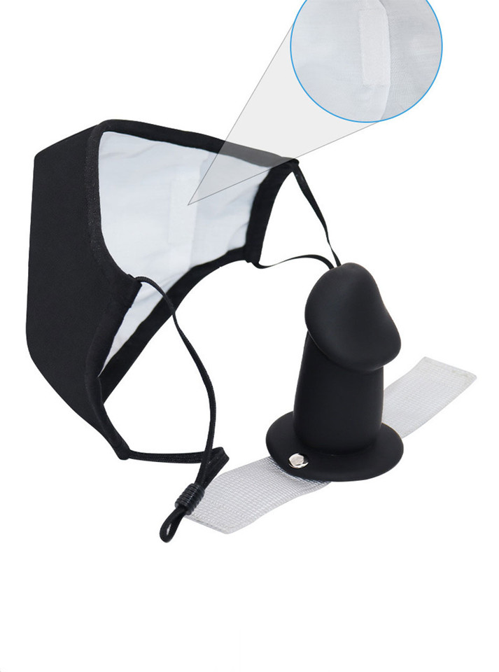 Black BDSM mask with a detachable silicone dildo gag.