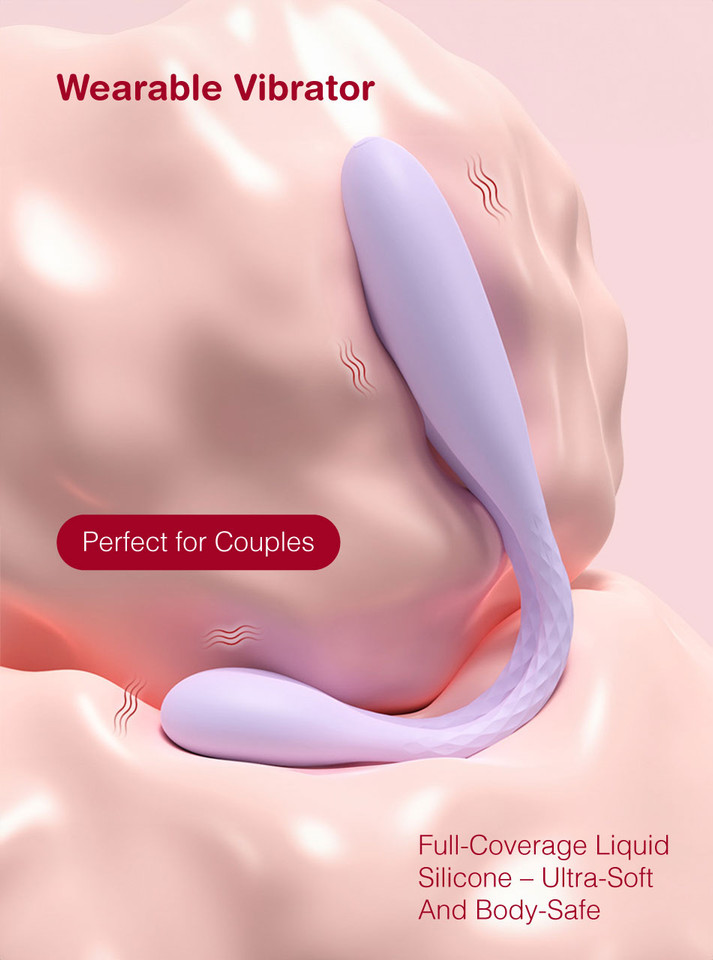 Wearable couples vibrator inserted for dual pleasure, showing flexible silicone design