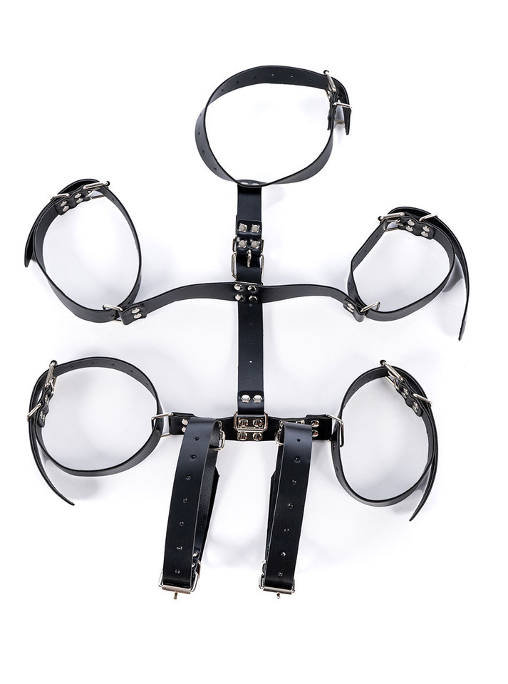 Flat layout of the backstrap armbinder with multiple straps and buckles
