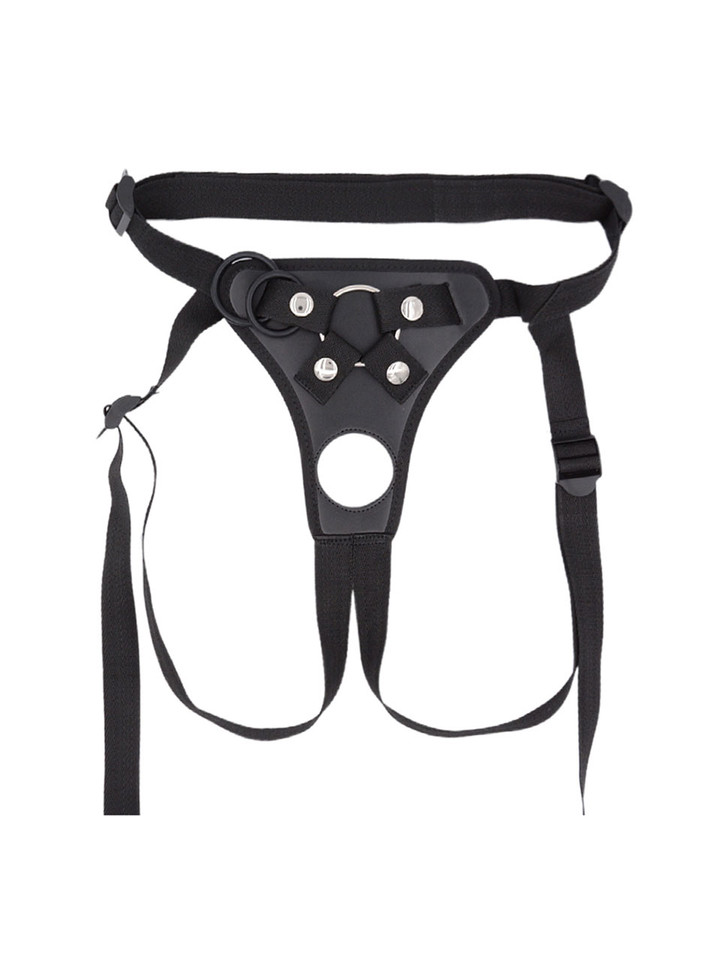 Black strap-on harneAdjustable buckle harness design with O-ring detail

ss with large straight realistic dildo