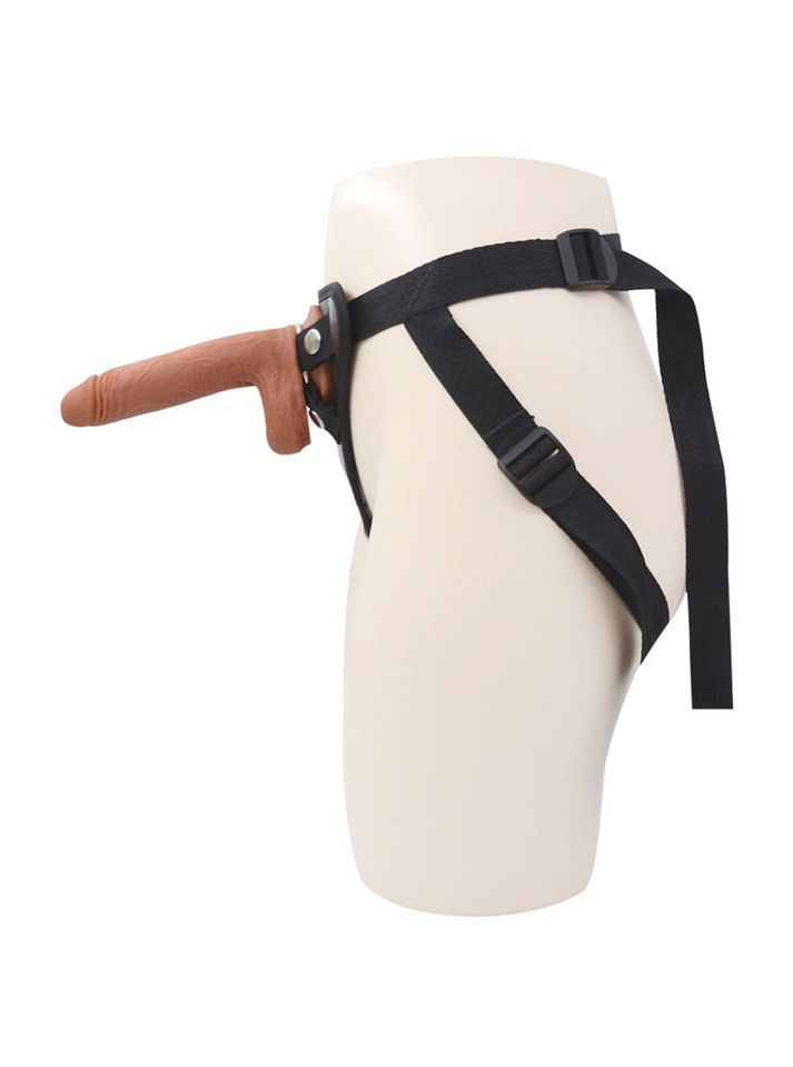 Side view showing straight 18cm dildo and adjustable strap positions