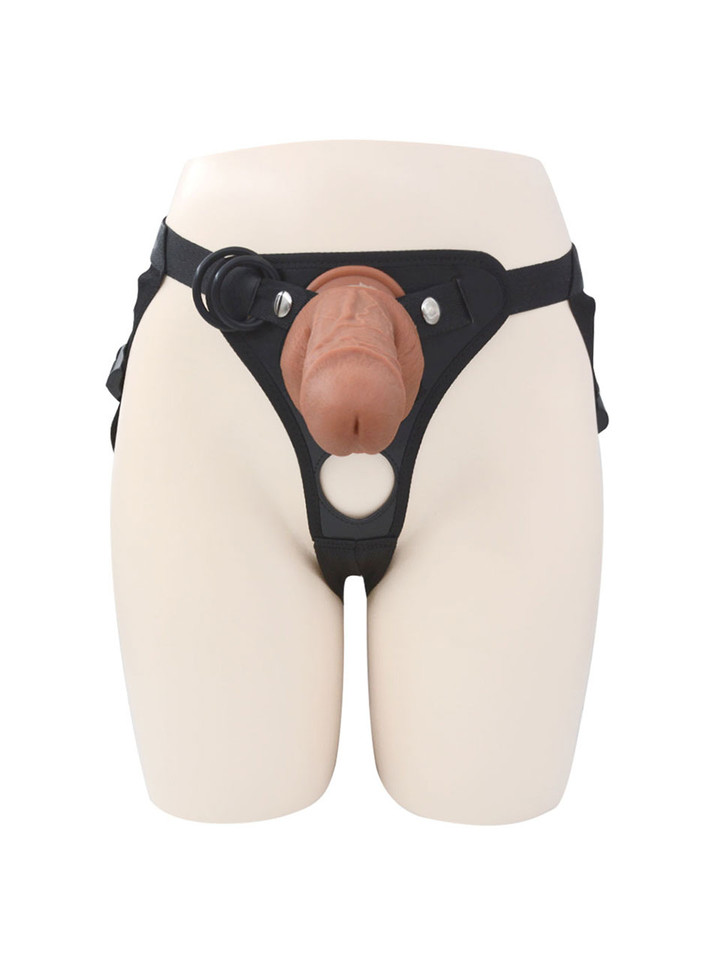 Full front angle of realistic dildo with detailed texture and base