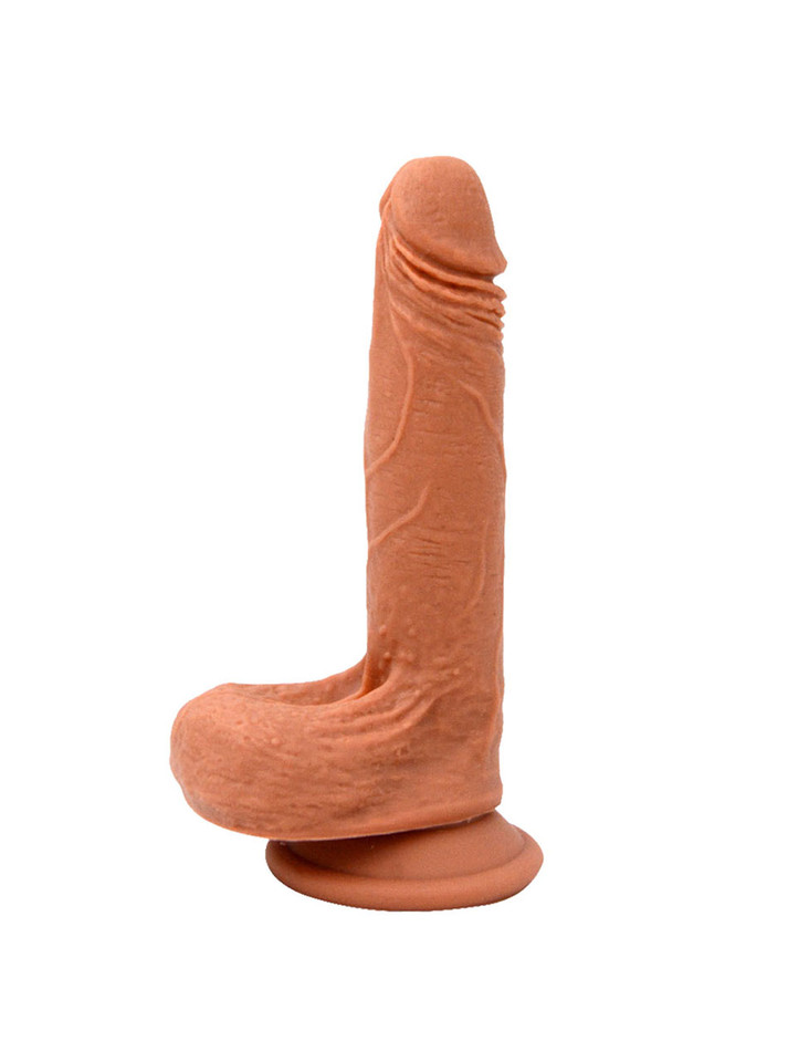Close-up of veiny straight dildo with balls and suction cup base