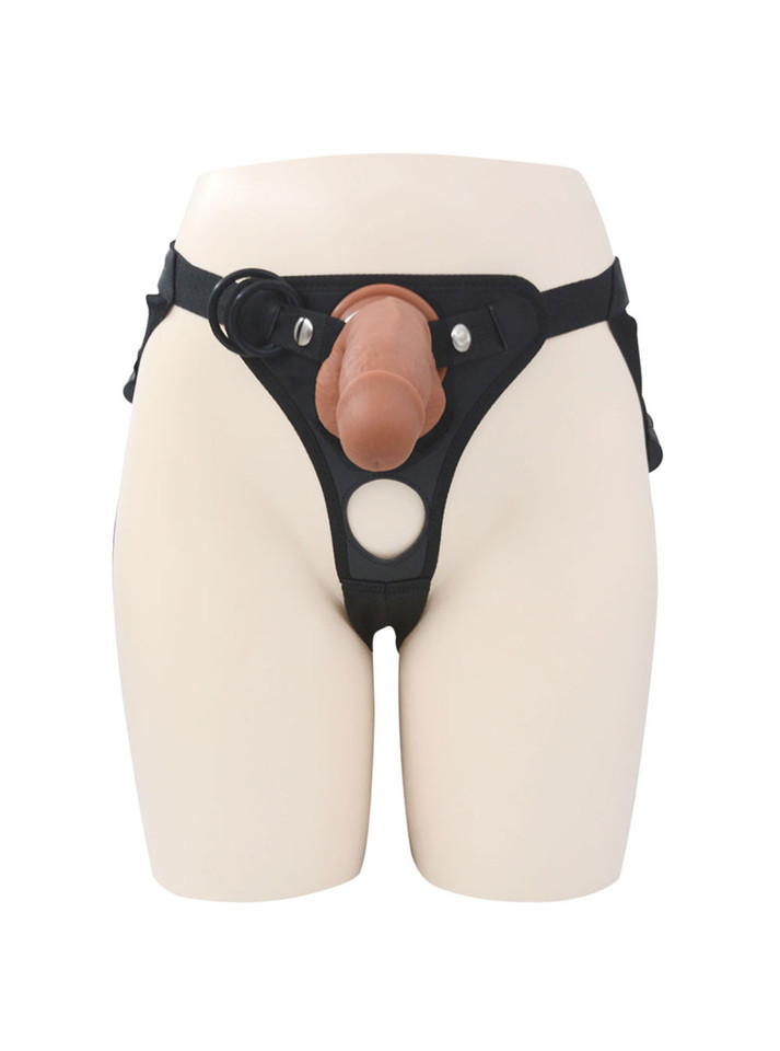 Strap-on with curved brown dildo attached to black harness