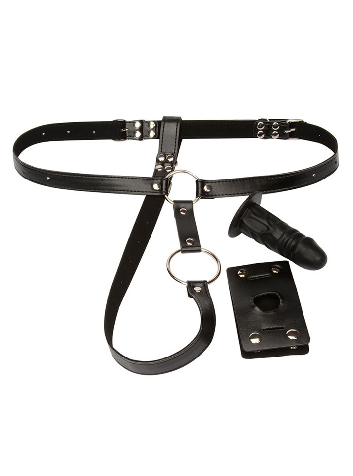 Black strap-on harness with detachable silicone anal plug and leatherette O-ring design