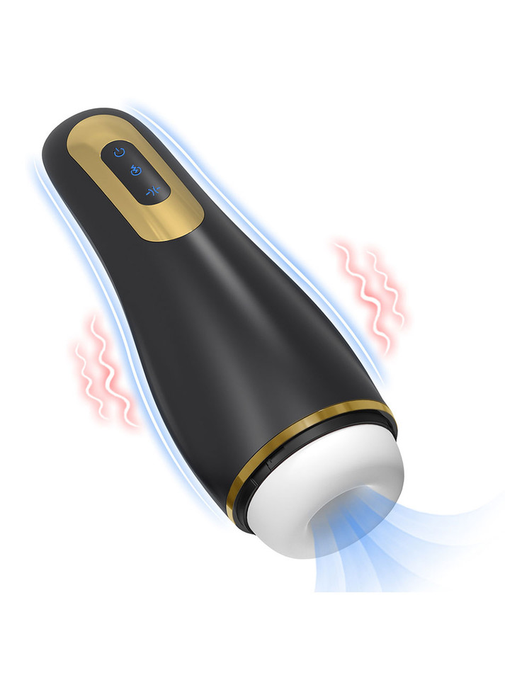 Suck Master black and gold automatic male masturbator with textured TPE tunnel and suction entry