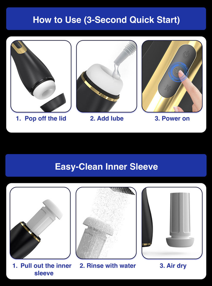 Suck Master black and gold automatic male masturbator with textured TPE tunnel and suction entry