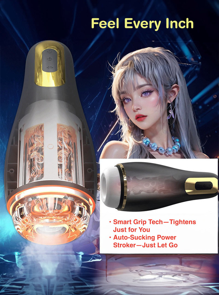 Suck Master black and gold automatic male masturbator with textured TPE tunnel and suction entry