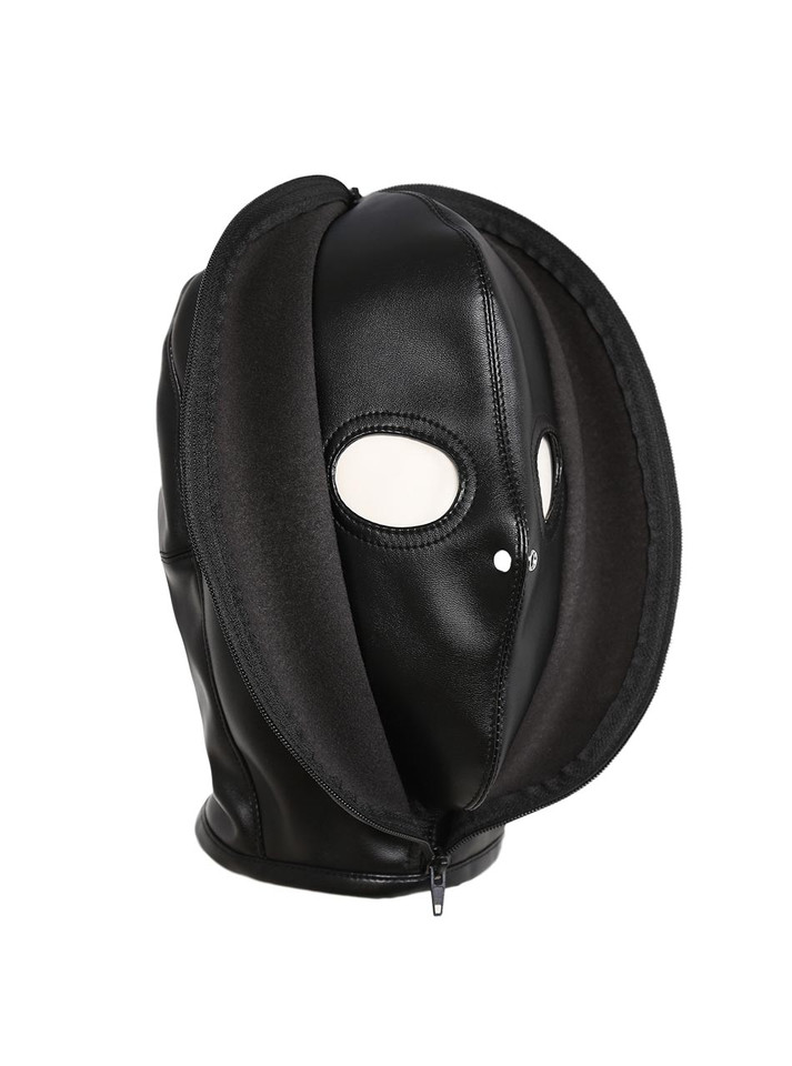 Side angle showing the open zippered outer hood revealing inner mask