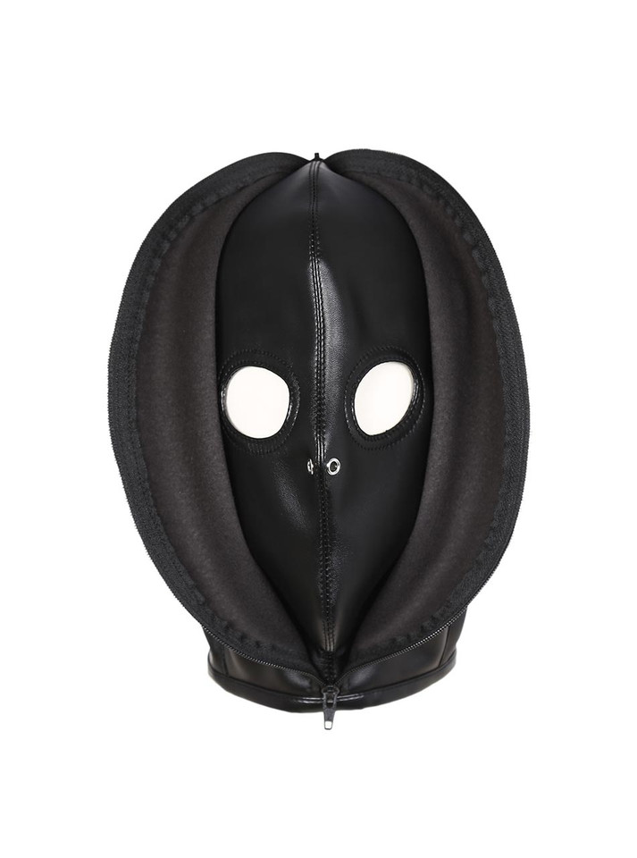 Black zippered bondage hood with double-layer design front view