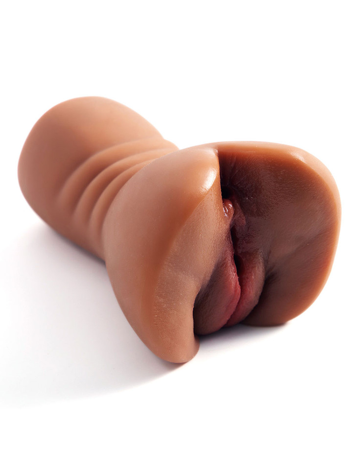 Dark skin pocket pussy stroker with visible vaginal and anal openings