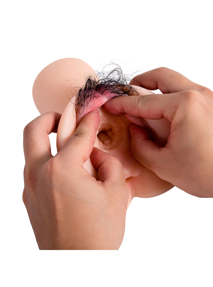Hands spreading lips of hairy stroker to reveal textured vaginal canal