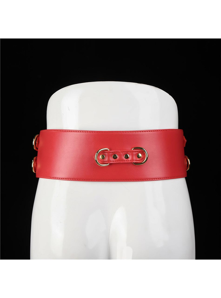 Red waist belt only, shown secured on mannequin from the rear with gold hardware detail