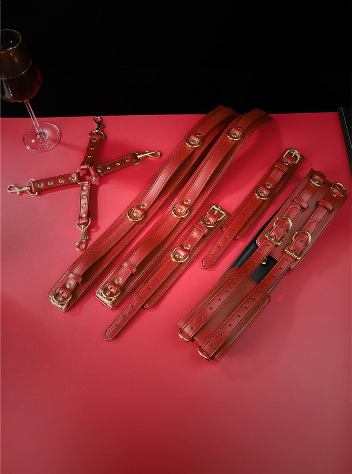 Brown Faux leather restraint set with gold hardware and adjustable straps