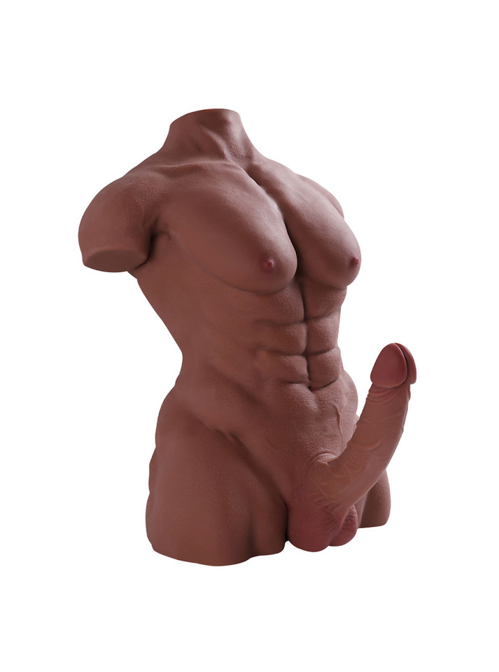 Front view of black male sex doll torso with muscular chest and erect cock