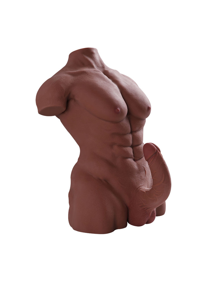 Front view of black male sex doll torso with muscular chest and erect cock