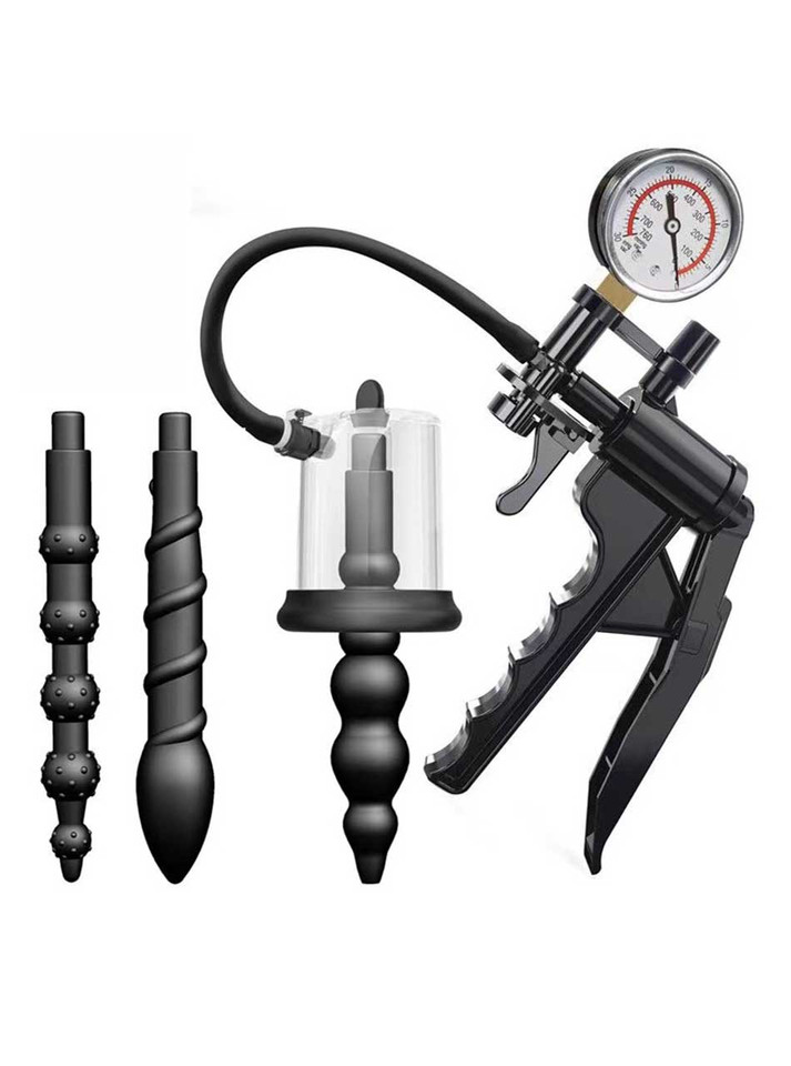 Spiral anal vacuum pump set with pressure gauge, three twisted silicone anal plugs, and transparent suction chamber.