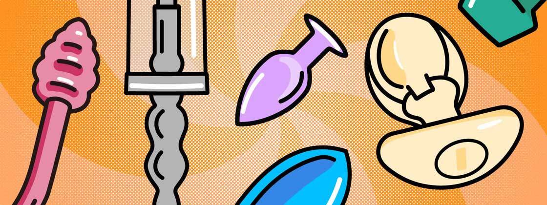 Illustrated selection of anal toys including plugs, dildos and prostate massagers