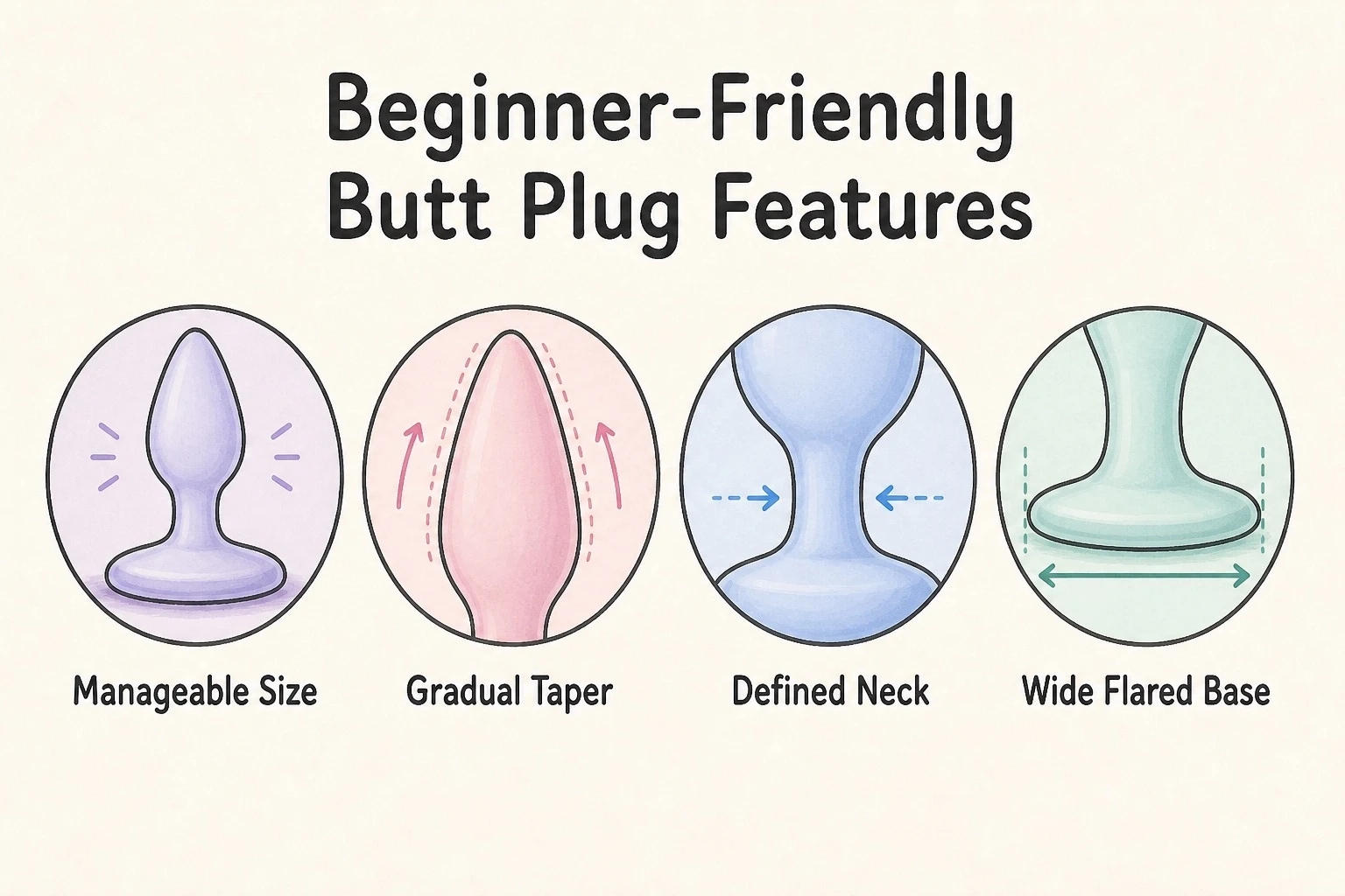 Illustration showing manageable size, gradual taper, defined neck and wide flared base on beginner-friendly butt plugs