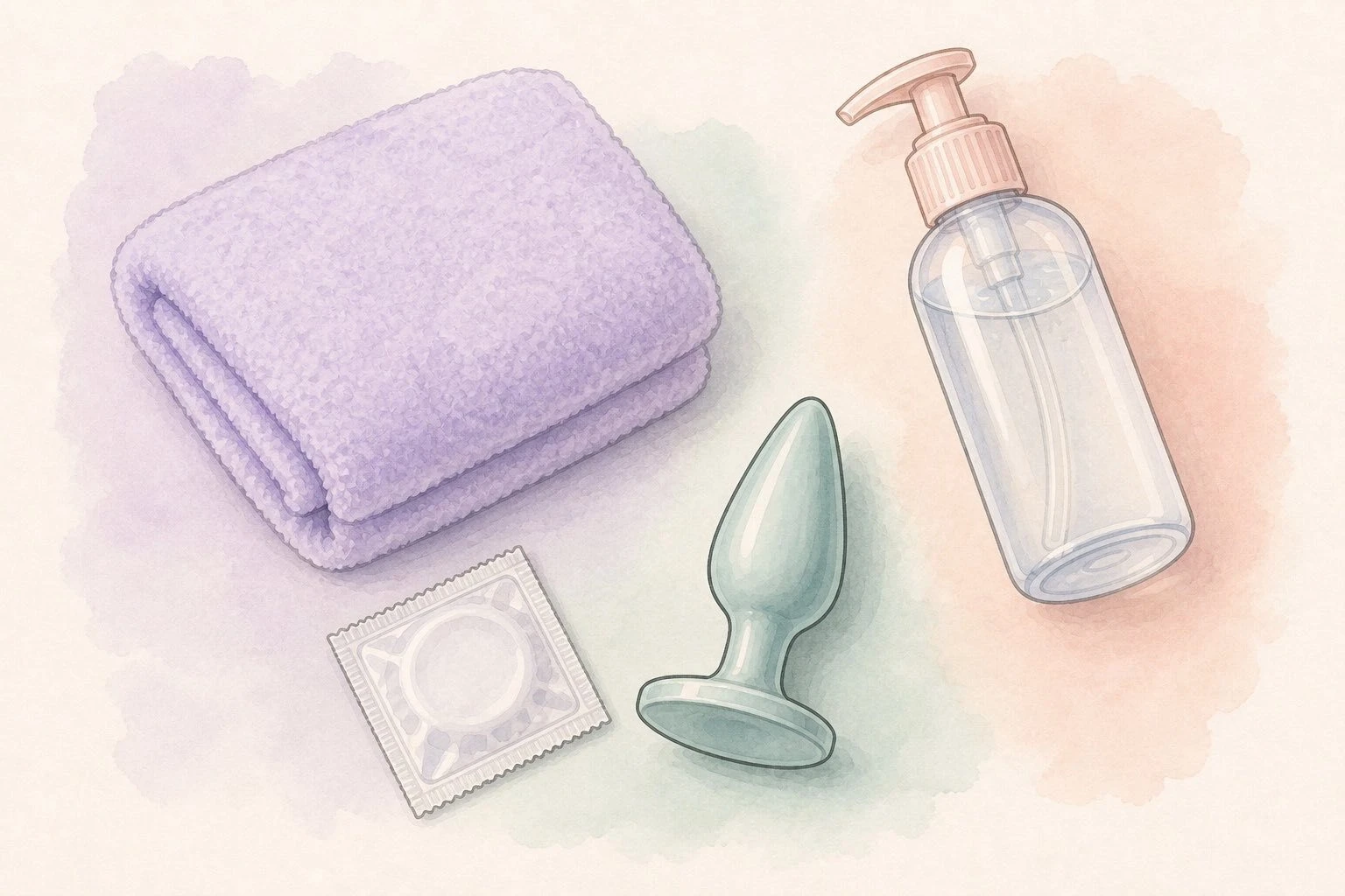 Watercolour illustration of lubricant, a towel, condom and small flared-base butt plug prepared for first-time anal play
