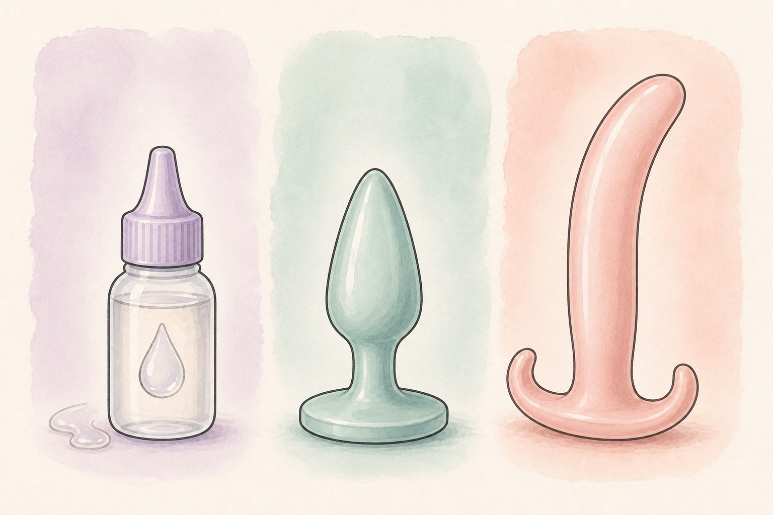Watercolour illustration of lubricant, a small flared-base butt plug and a slim anal dildo