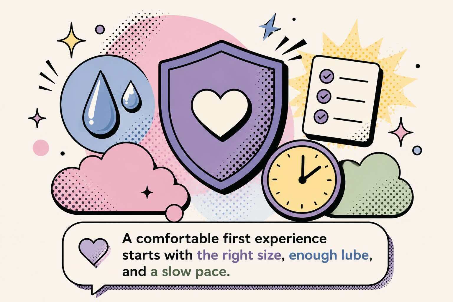 Beginner guide on how to use a butt plug safely, with comfort, lube, timing, and safety icons.