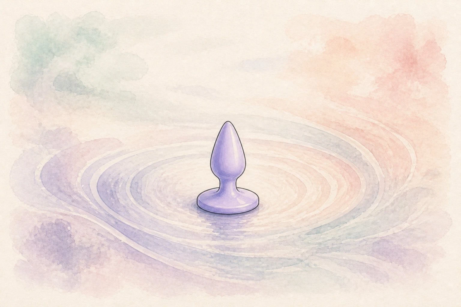 Watercolour illustration of a flared-base anal toy being rinsed under a tap beside soap and a folded towel